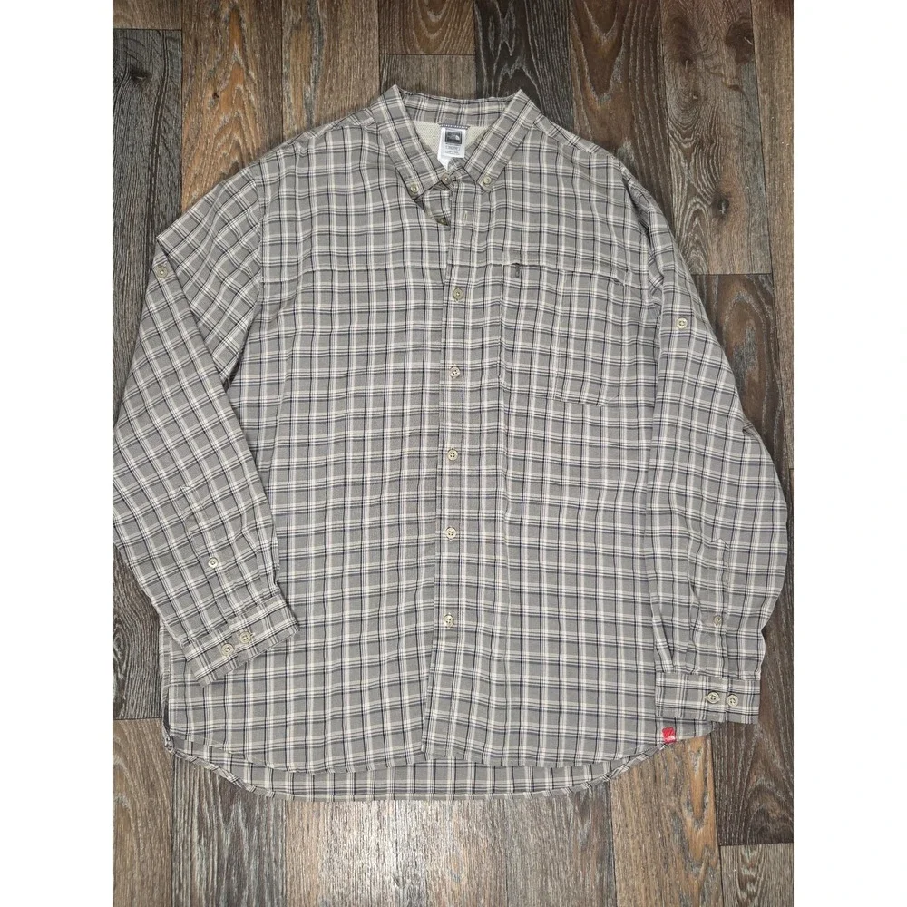 The North Face Mens XXL Tekware Plaid Long Sleeve Hiking Shirt Tan Blue Button